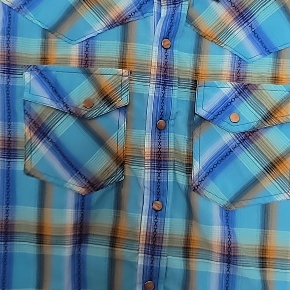 Prana snap button plaid shirt Sz M Blue Short sleeve - Picture 3 of 6
